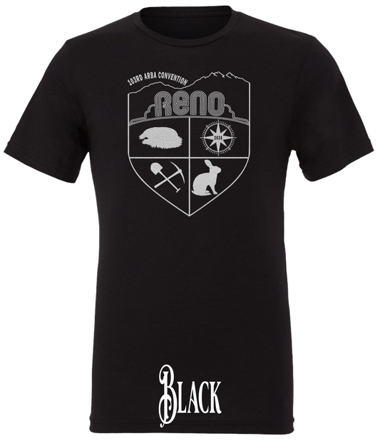 Black triblend t-shirt with the Biggest Little Reunion crest in metallic silver - a rabbit, a cavy, a pick and shovel, and a compass under the Reno arch. 103rd ARBA Convention.