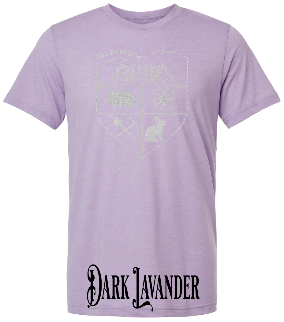 Dark Lavender triblend t-shirt with the Biggest Little Reunion crest in metallic silver - a rabbit, a cavy, a pick and shovel, and a compass under the Reno arch. 103rd ARBA Convention.
