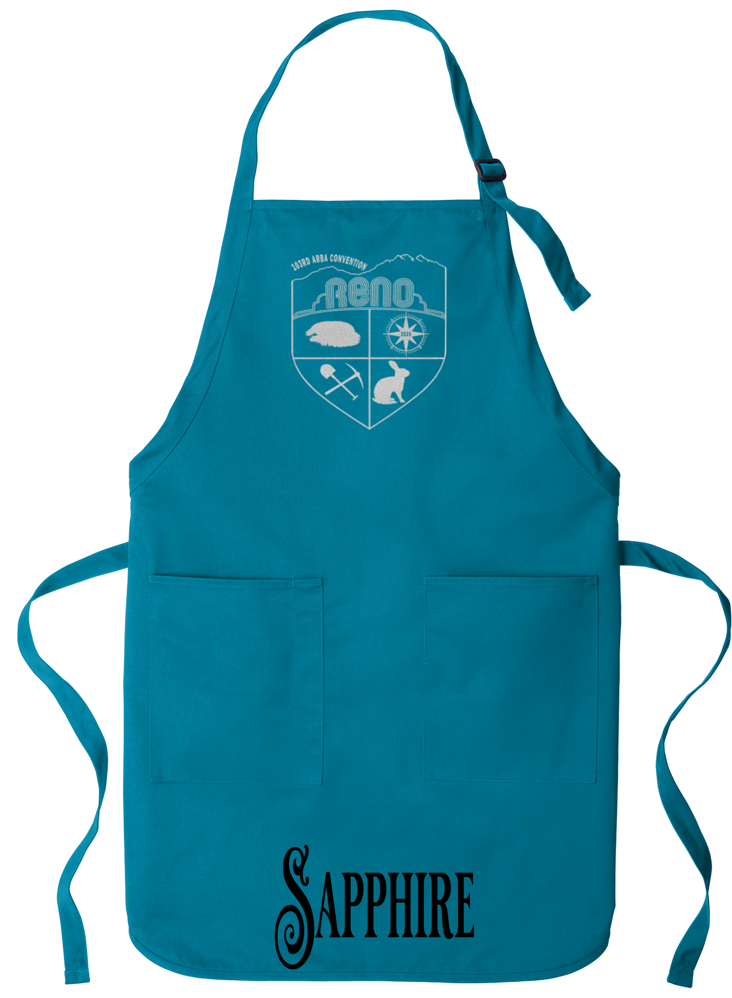 Sapphire apron with the Biggest Little Reunion crest in metallic silver - a rabbit, a cavy, a pick and shovel, and a compass under the Reno arch. 103rd ARBA Convention.