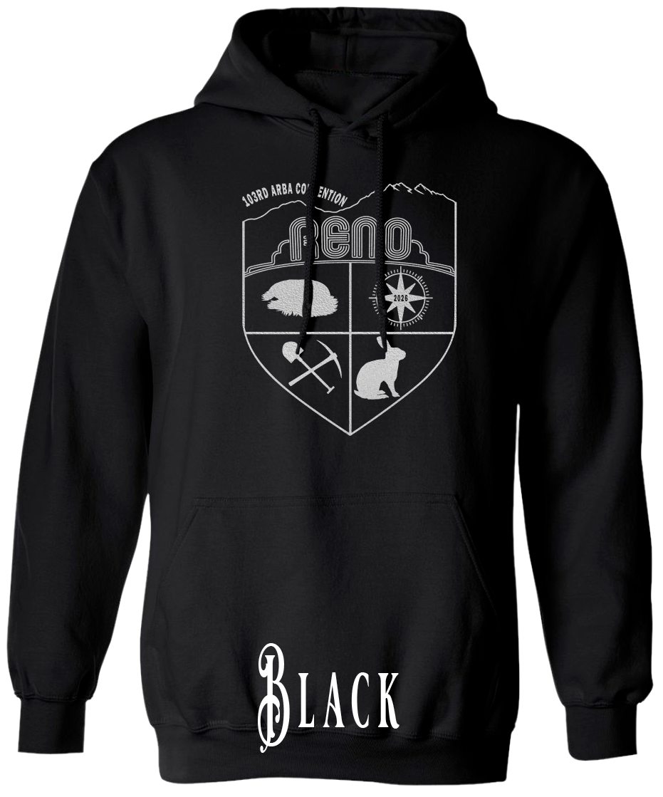 Black plus size hoodie with the Biggest Little Reunion crest in metallic silver - a rabbit, a cavy, a pick and shovel, and a compass under the Reno arch. 103rd ARBA Convention.