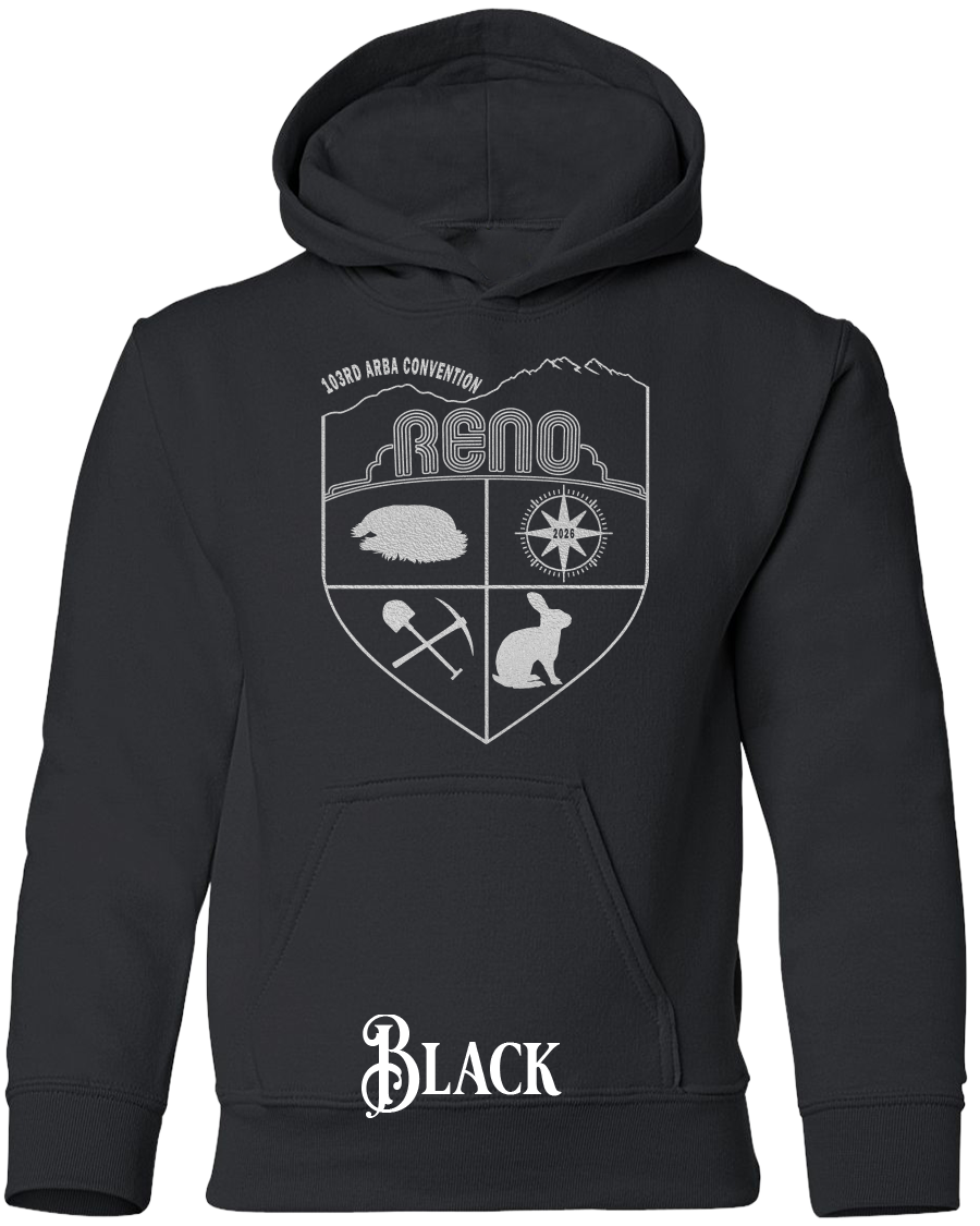 Black youth hoodie with the Biggest Little Reunion crest in metallic silver - a rabbit, a cavy, a pick and shovel, and a compass under the Reno arch. 103rd ARBA Convention.