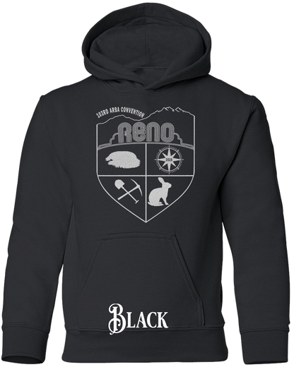 Black youth hoodie with the Biggest Little Reunion crest in metallic silver - a rabbit, a cavy, a pick and shovel, and a compass under the Reno arch. 103rd ARBA Convention.
