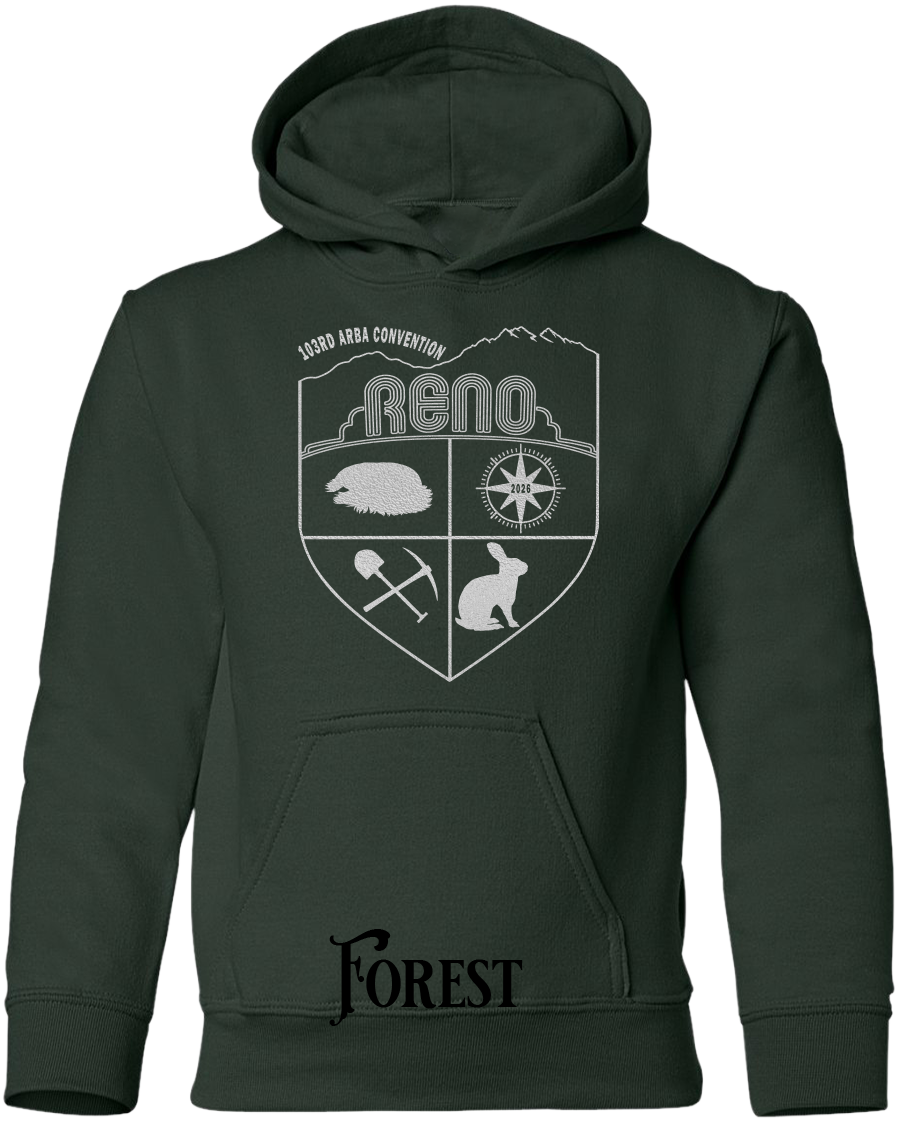 Forest youth hoodie with the Biggest Little Reunion crest in metallic silver - a rabbit, a cavy, a pick and shovel, and a compass under the Reno arch. 103rd ARBA Convention.