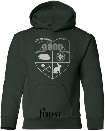Forest youth hoodie with the Biggest Little Reunion crest in metallic silver - a rabbit, a cavy, a pick and shovel, and a compass under the Reno arch. 103rd ARBA Convention.