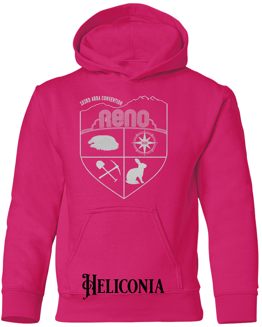 Heliconia youth hoodie with the Biggest Little Reunion crest in metallic silver - a rabbit, a cavy, a pick and shovel, and a compass under the Reno arch. 103rd ARBA Convention.
