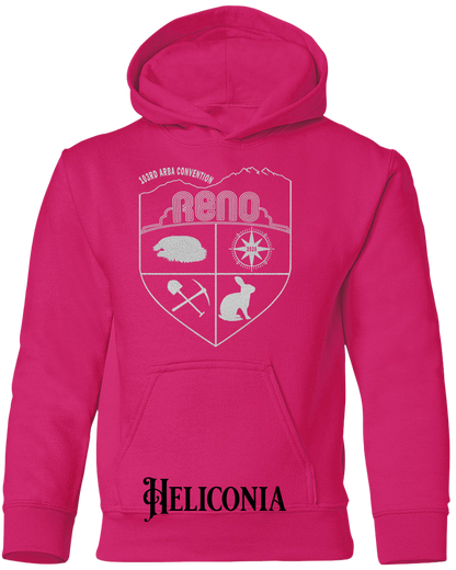 Heliconia youth hoodie with the Biggest Little Reunion crest in metallic silver - a rabbit, a cavy, a pick and shovel, and a compass under the Reno arch. 103rd ARBA Convention.