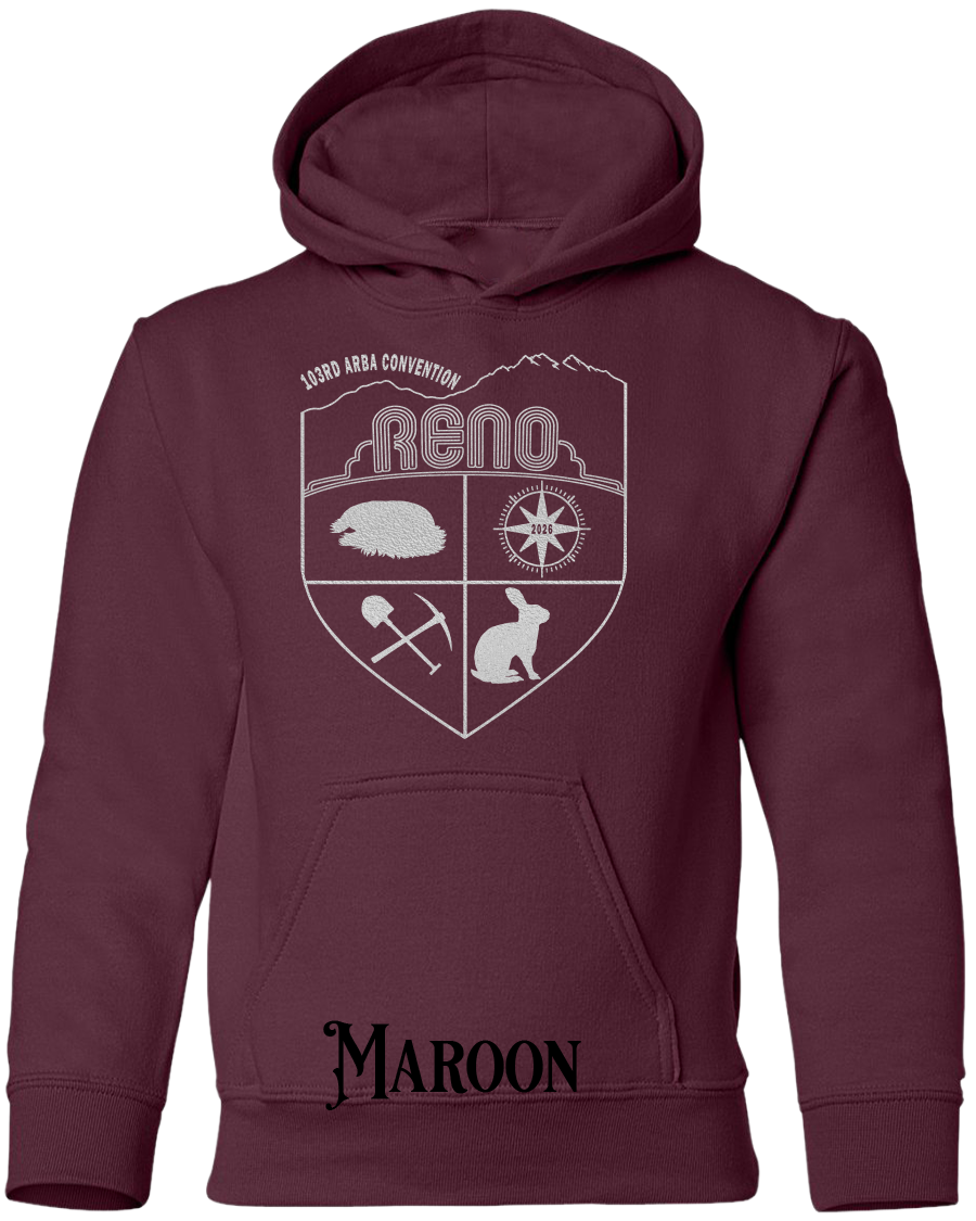 Maroon youth hoodie with the Biggest Little Reunion crest in metallic silver - a rabbit, a cavy, a pick and shovel, and a compass under the Reno arch. 103rd ARBA Convention.