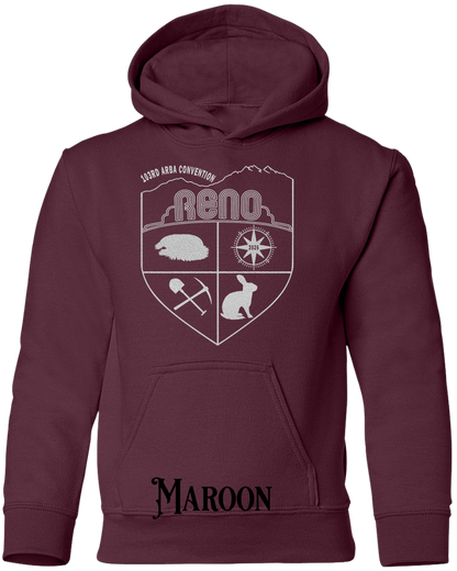 Maroon youth hoodie with the Biggest Little Reunion crest in metallic silver - a rabbit, a cavy, a pick and shovel, and a compass under the Reno arch. 103rd ARBA Convention.