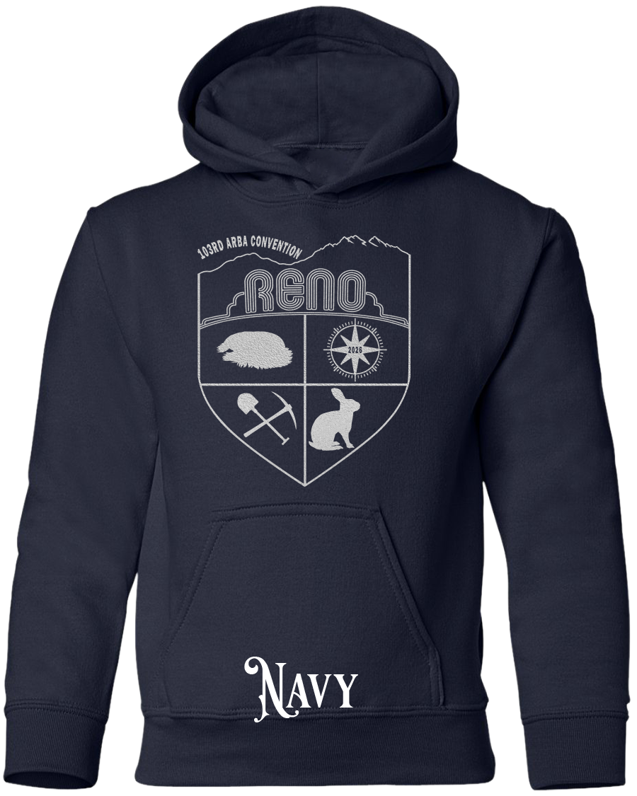 Navy youth hoodie with the Biggest Little Reunion crest in metallic silver - a rabbit, a cavy, a pick and shovel, and a compass under the Reno arch. 103rd ARBA Convention.