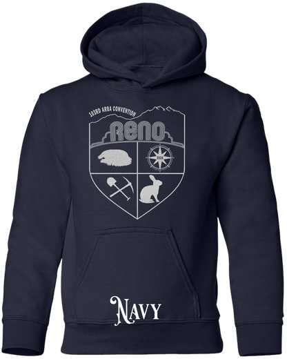 Navy youth hoodie with the Biggest Little Reunion crest in metallic silver - a rabbit, a cavy, a pick and shovel, and a compass under the Reno arch. 103rd ARBA Convention.