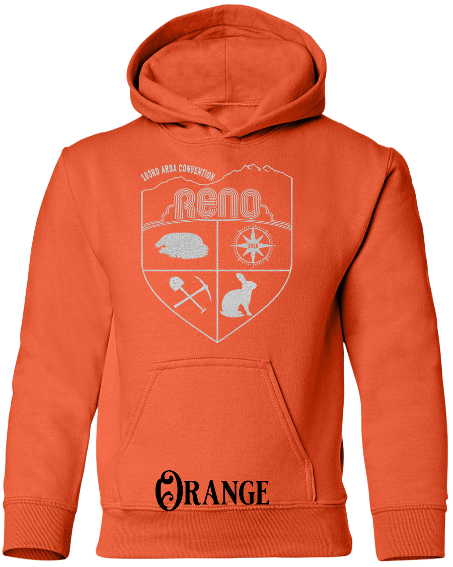 Orange youth hoodie with the Biggest Little Reunion crest in metallic silver - a rabbit, a cavy, a pick and shovel, and a compass under the Reno arch. 103rd ARBA Convention.