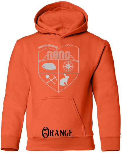Orange youth hoodie with the Biggest Little Reunion crest in metallic silver - a rabbit, a cavy, a pick and shovel, and a compass under the Reno arch. 103rd ARBA Convention.