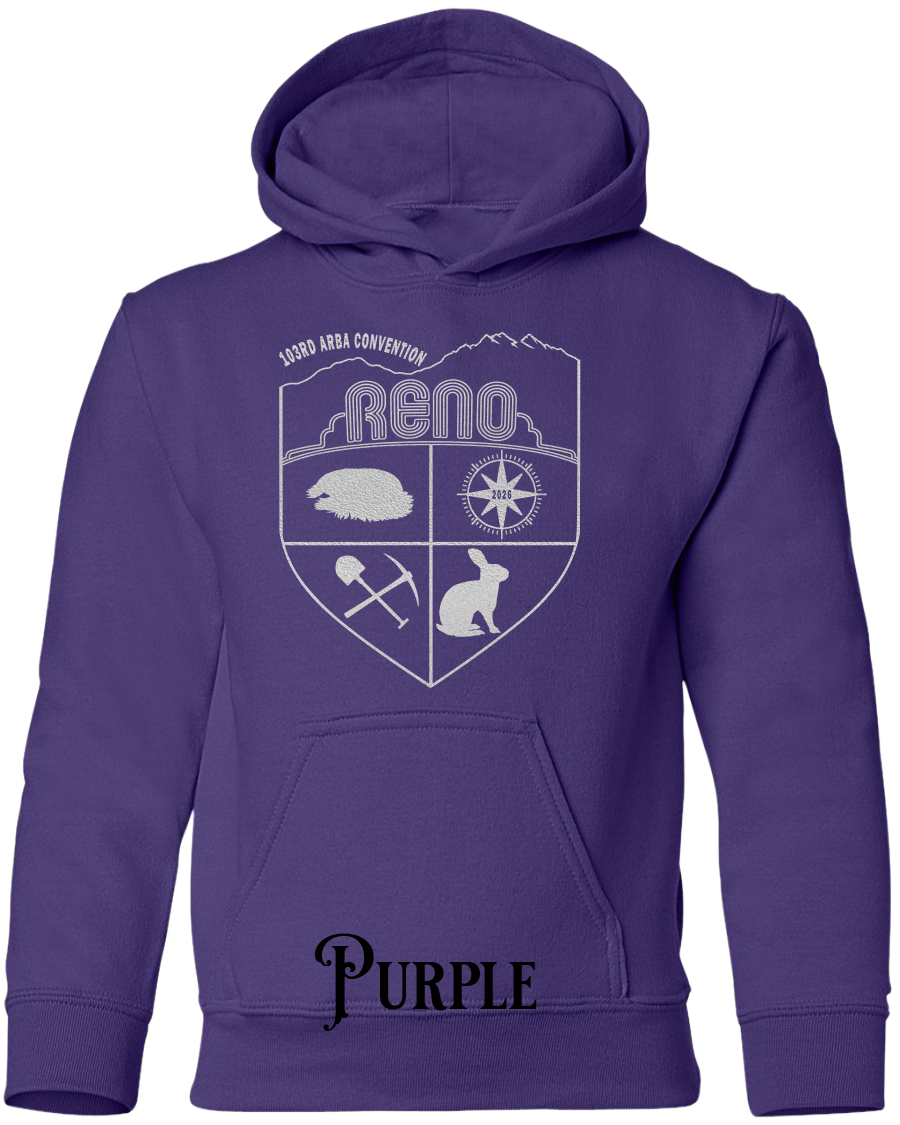 Purple youth hoodie with the Biggest Little Reunion crest in metallic silver - a rabbit, a cavy, a pick and shovel, and a compass under the Reno arch. 103rd ARBA Convention.