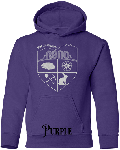 Purple youth hoodie with the Biggest Little Reunion crest in metallic silver - a rabbit, a cavy, a pick and shovel, and a compass under the Reno arch. 103rd ARBA Convention.