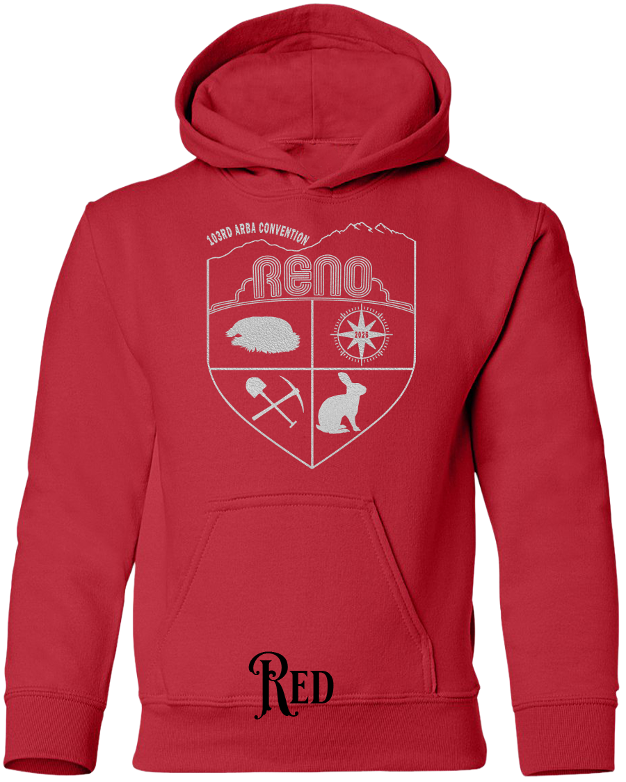 Red youth hoodie with the Biggest Little Reunion crest in metallic silver - a rabbit, a cavy, a pick and shovel, and a compass under the Reno arch. 103rd ARBA Convention.