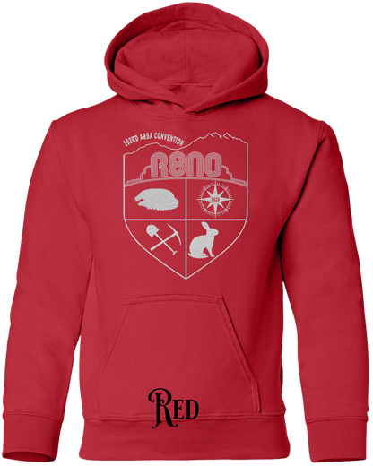 Red youth hoodie with the Biggest Little Reunion crest in metallic silver - a rabbit, a cavy, a pick and shovel, and a compass under the Reno arch. 103rd ARBA Convention.