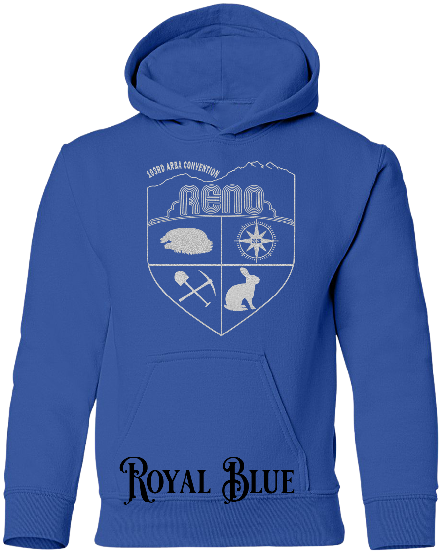 Royal Blue youth hoodie with the Biggest Little Reunion crest in metallic silver - a rabbit, a cavy, a pick and shovel, and a compass under the Reno arch. 103rd ARBA Convention.