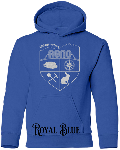 Royal Blue youth hoodie with the Biggest Little Reunion crest in metallic silver - a rabbit, a cavy, a pick and shovel, and a compass under the Reno arch. 103rd ARBA Convention.