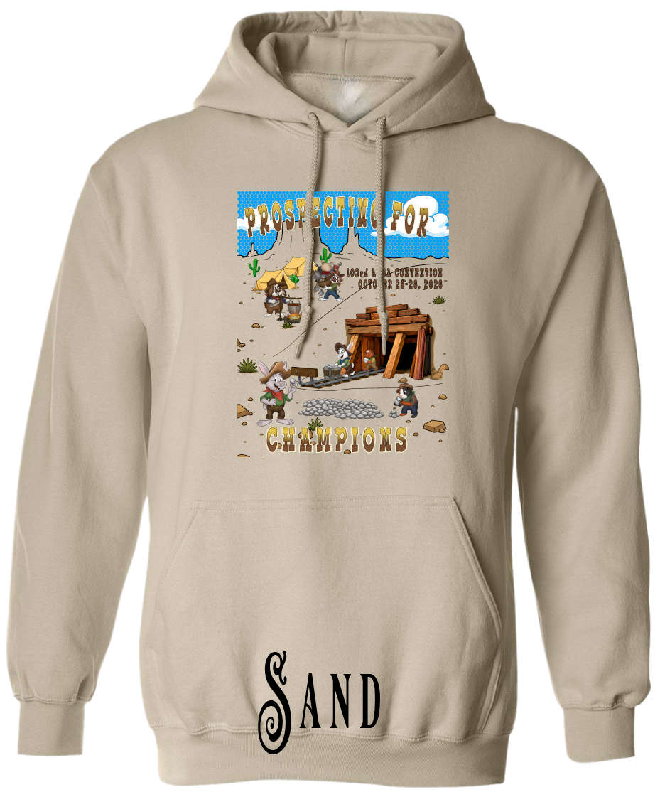 Sand plus size hoodie with the Prospecting for Champions design on the chest, showing cartoon rabbit and cavy prospectors working a silver claim. 103rd ARBA Convention, Reno.