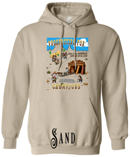 Sand plus size hoodie with the Prospecting for Champions design on the chest, showing cartoon rabbit and cavy prospectors working a silver claim. 103rd ARBA Convention, Reno.
