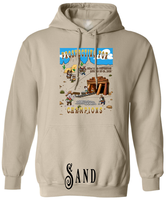 Sand plus size hoodie with the Prospecting for Champions design on the chest, showing cartoon rabbit and cavy prospectors working a silver claim. 103rd ARBA Convention, Reno.