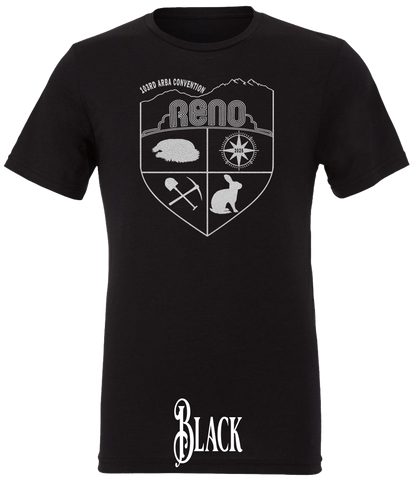 Black triblend t-shirt with the Biggest Little Reunion crest in metallic silver - a rabbit, a cavy, a pick and shovel, and a compass under the Reno arch. 103rd ARBA Convention.