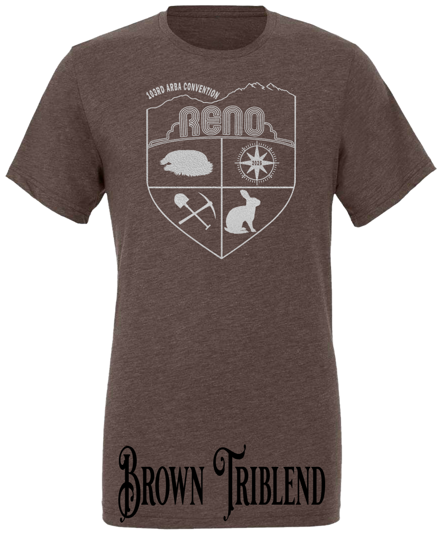 Brown triblend t-shirt with the Biggest Little Reunion crest in metallic silver - a rabbit, a cavy, a pick and shovel, and a compass under the Reno arch. 103rd ARBA Convention.