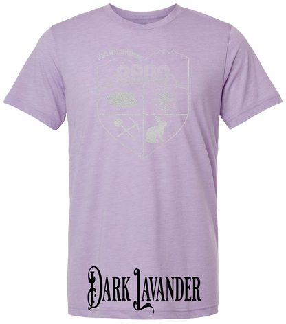 Dark Lavender triblend t-shirt with the Biggest Little Reunion crest in metallic silver - a rabbit, a cavy, a pick and shovel, and a compass under the Reno arch. 103rd ARBA Convention.