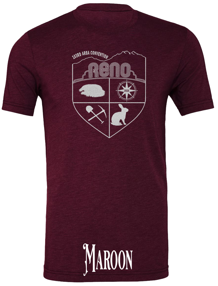 Maroon triblend t-shirt with the Biggest Little Reunion crest in metallic silver - a rabbit, a cavy, a pick and shovel, and a compass under the Reno arch. 103rd ARBA Convention.