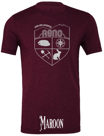 Maroon triblend t-shirt with the Biggest Little Reunion crest in metallic silver - a rabbit, a cavy, a pick and shovel, and a compass under the Reno arch. 103rd ARBA Convention.