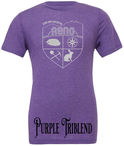 Purple Triblend t-shirt with the Biggest Little Reunion crest in metallic silver - a rabbit, a cavy, a pick and shovel, and a compass under the Reno arch. 103rd ARBA Convention.