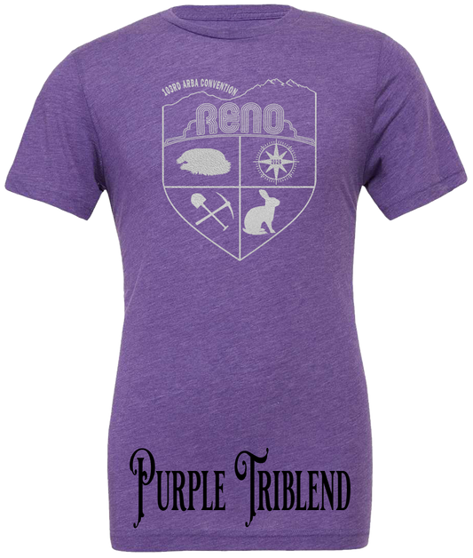 Purple Triblend t-shirt with the Biggest Little Reunion crest in metallic silver - a rabbit, a cavy, a pick and shovel, and a compass under the Reno arch. 103rd ARBA Convention.