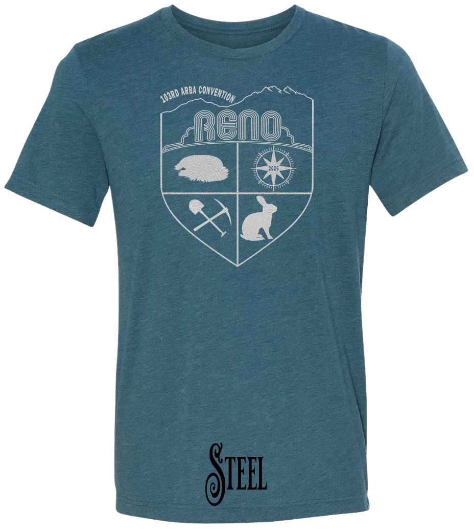 Steel triblend t-shirt with the Biggest Little Reunion crest in metallic silver - a rabbit, a cavy, a pick and shovel, and a compass under the Reno arch. 103rd ARBA Convention.