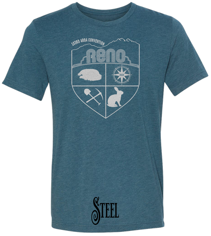 Steel triblend t-shirt with the Biggest Little Reunion crest in metallic silver - a rabbit, a cavy, a pick and shovel, and a compass under the Reno arch. 103rd ARBA Convention.