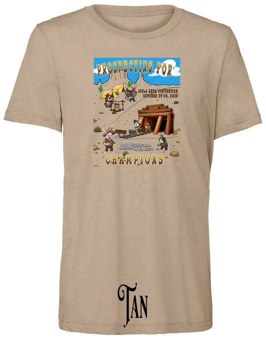 Tan triblend t-shirt with the Prospecting for Champions design on the chest, showing cartoon rabbit and cavy prospectors working a silver claim. 103rd ARBA Convention, Reno.