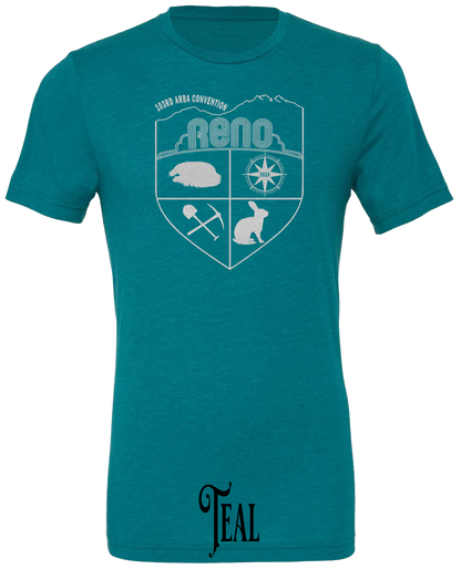 Teal triblend t-shirt with the Biggest Little Reunion crest in metallic silver - a rabbit, a cavy, a pick and shovel, and a compass under the Reno arch. 103rd ARBA Convention.