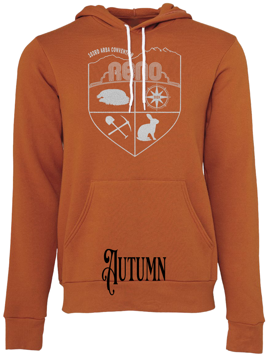 Autumn hoodie with the Biggest Little Reunion crest in metallic silver - a rabbit, a cavy, a pick and shovel, and a compass under the Reno arch. 103rd ARBA Convention.