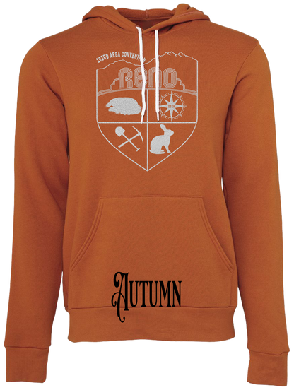 Autumn hoodie with the Biggest Little Reunion crest in metallic silver - a rabbit, a cavy, a pick and shovel, and a compass under the Reno arch. 103rd ARBA Convention.