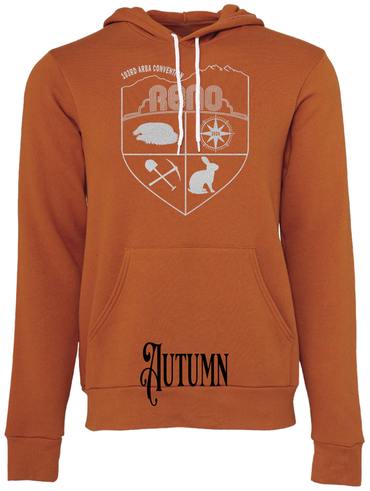 Autumn hoodie with the Biggest Little Reunion crest in metallic silver - a rabbit, a cavy, a pick and shovel, and a compass under the Reno arch. 103rd ARBA Convention.