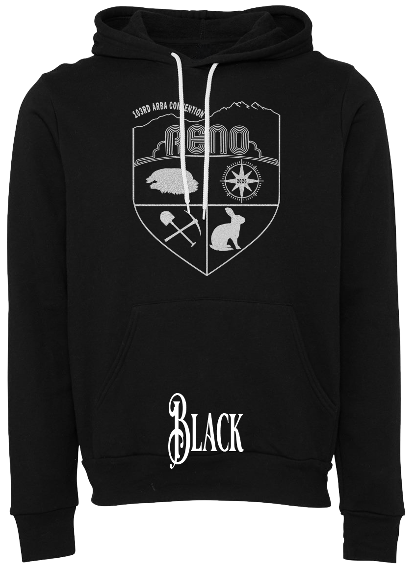 Black hoodie with the Biggest Little Reunion crest in metallic silver - a rabbit, a cavy, a pick and shovel, and a compass under the Reno arch. 103rd ARBA Convention.