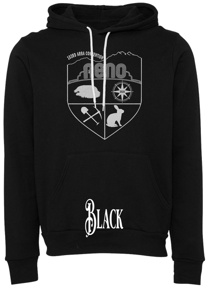 Black hoodie with the Biggest Little Reunion crest in metallic silver - a rabbit, a cavy, a pick and shovel, and a compass under the Reno arch. 103rd ARBA Convention.
