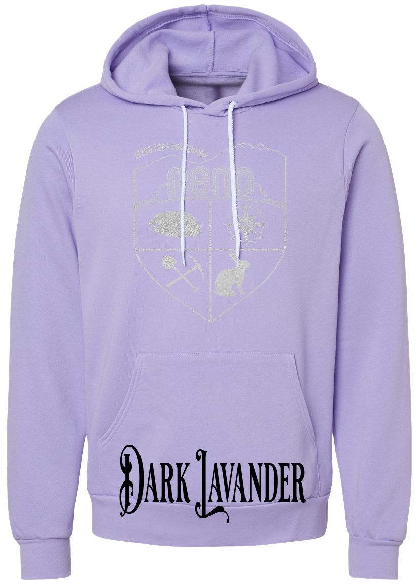 Dark Lavender hoodie with the Biggest Little Reunion crest in metallic silver - a rabbit, a cavy, a pick and shovel, and a compass under the Reno arch. 103rd ARBA Convention.