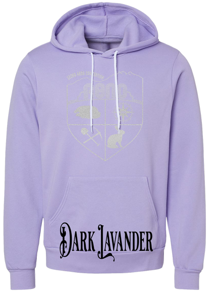 Dark Lavender hoodie with the Biggest Little Reunion crest in metallic silver - a rabbit, a cavy, a pick and shovel, and a compass under the Reno arch. 103rd ARBA Convention.