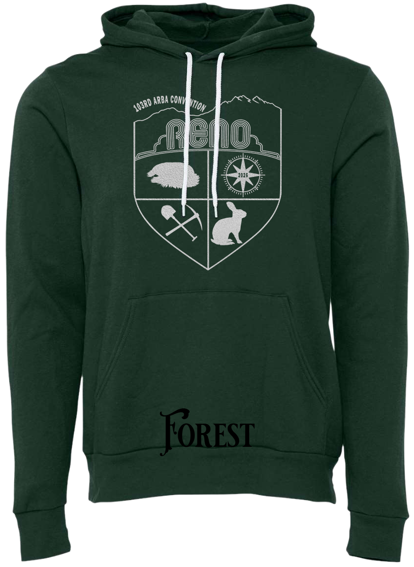 Forest hoodie with the Biggest Little Reunion crest in metallic silver - a rabbit, a cavy, a pick and shovel, and a compass under the Reno arch. 103rd ARBA Convention.