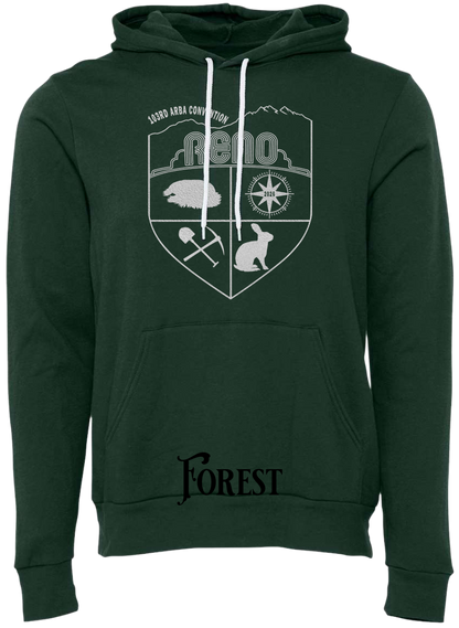 Forest hoodie with the Biggest Little Reunion crest in metallic silver - a rabbit, a cavy, a pick and shovel, and a compass under the Reno arch. 103rd ARBA Convention.