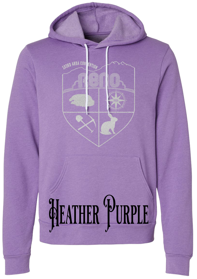 Heather Purple hoodie with the Biggest Little Reunion crest in metallic silver - a rabbit, a cavy, a pick and shovel, and a compass under the Reno arch. 103rd ARBA Convention.