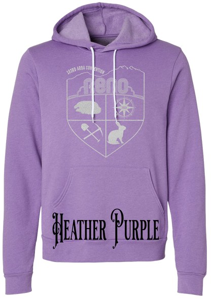 Heather Purple hoodie with the Biggest Little Reunion crest in metallic silver - a rabbit, a cavy, a pick and shovel, and a compass under the Reno arch. 103rd ARBA Convention.