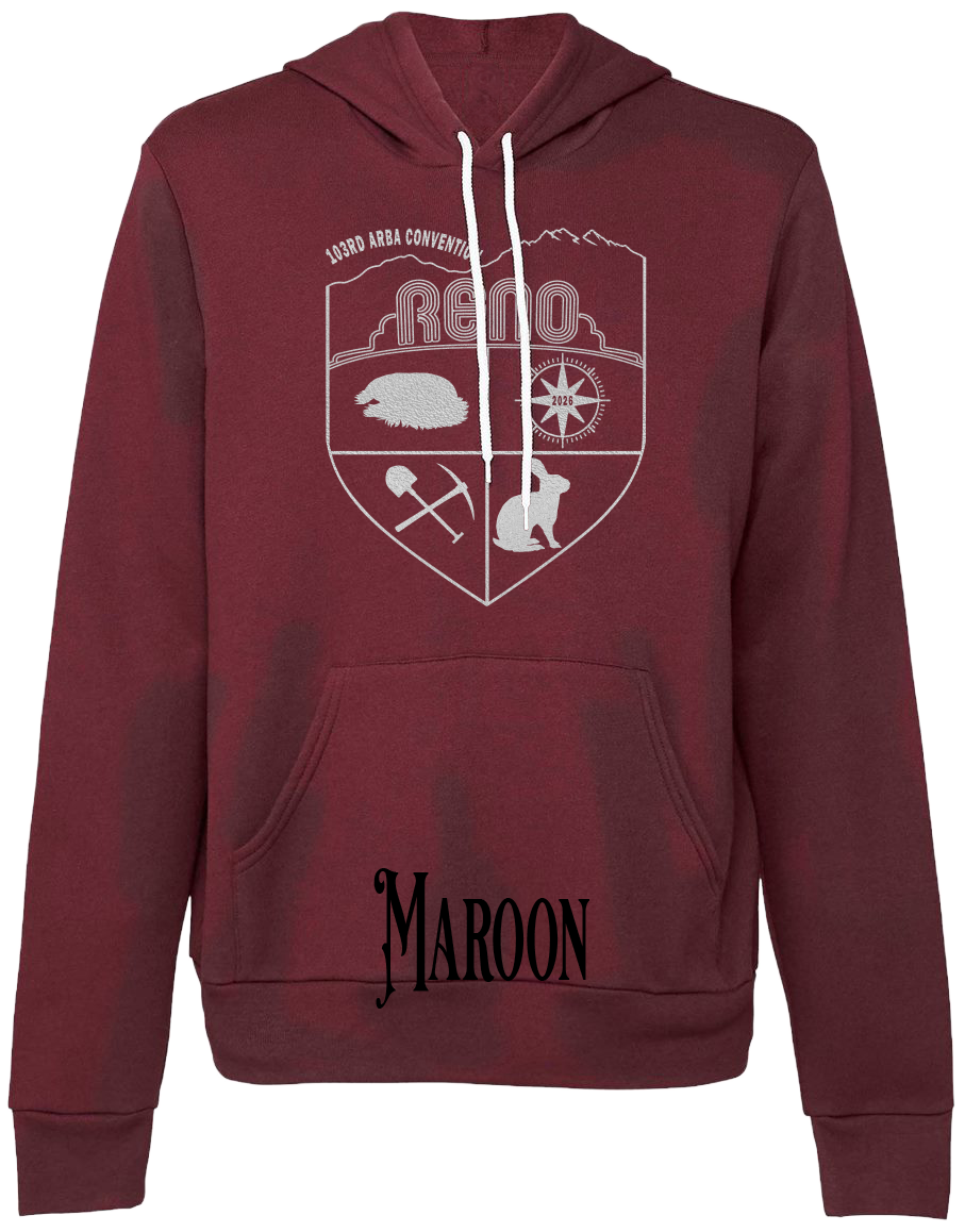 Maroon hoodie with the Biggest Little Reunion crest in metallic silver - a rabbit, a cavy, a pick and shovel, and a compass under the Reno arch. 103rd ARBA Convention.
