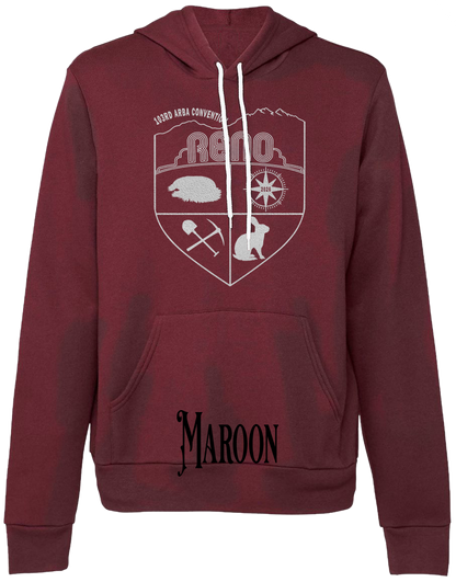 Maroon hoodie with the Biggest Little Reunion crest in metallic silver - a rabbit, a cavy, a pick and shovel, and a compass under the Reno arch. 103rd ARBA Convention.