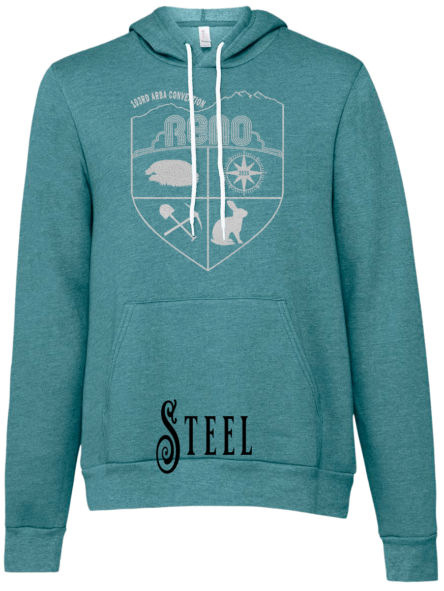 Steel hoodie with the Biggest Little Reunion crest in metallic silver - a rabbit, a cavy, a pick and shovel, and a compass under the Reno arch. 103rd ARBA Convention.